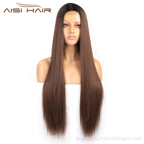 Aisi Hair Cheap High Quality Long Silky Straight Ombre Brown Dark Root Lace Wig Synthetic Hair Lace Front Wigs For Black Women